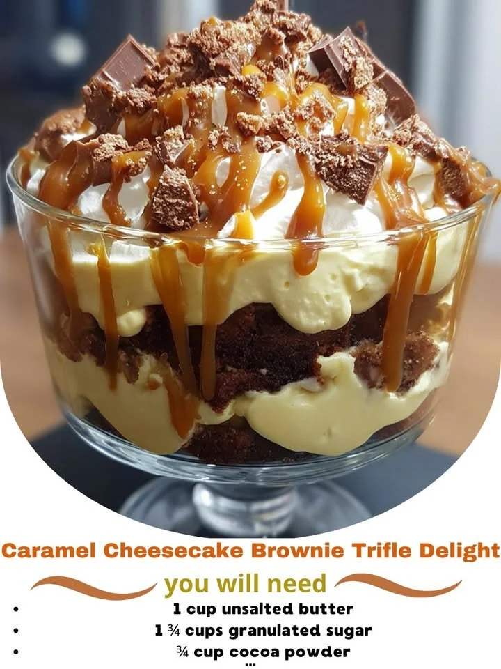 Caramel cheesecake brownie trifle with layers of caramel and cheesecake.