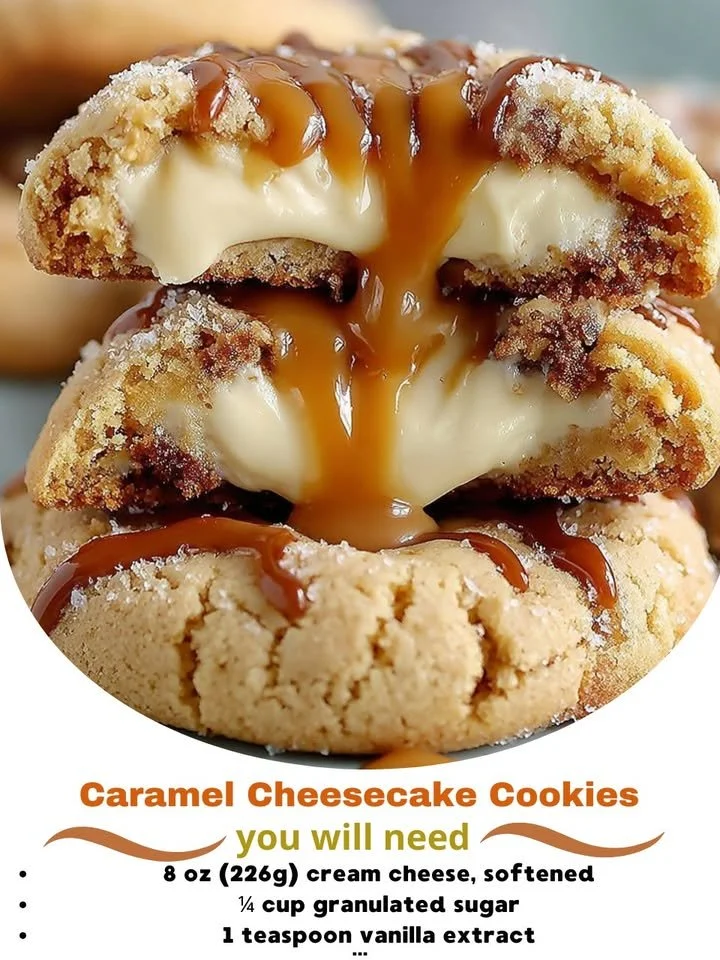 Delicious Caramel Cheesecake Cookies with caramel drizzle on a plate