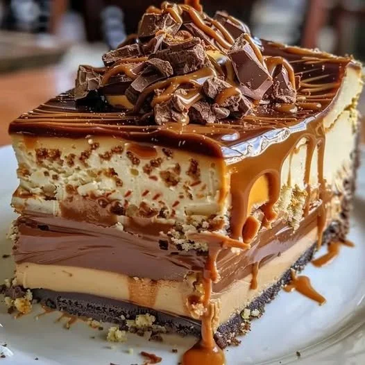 Delicious caramel chocolate coffee cheesecake topped with rich chocolate and caramel sauce.