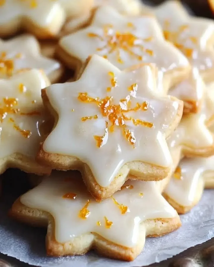 Cardamom shortbread cookies drizzled with orange glaze on a plate.