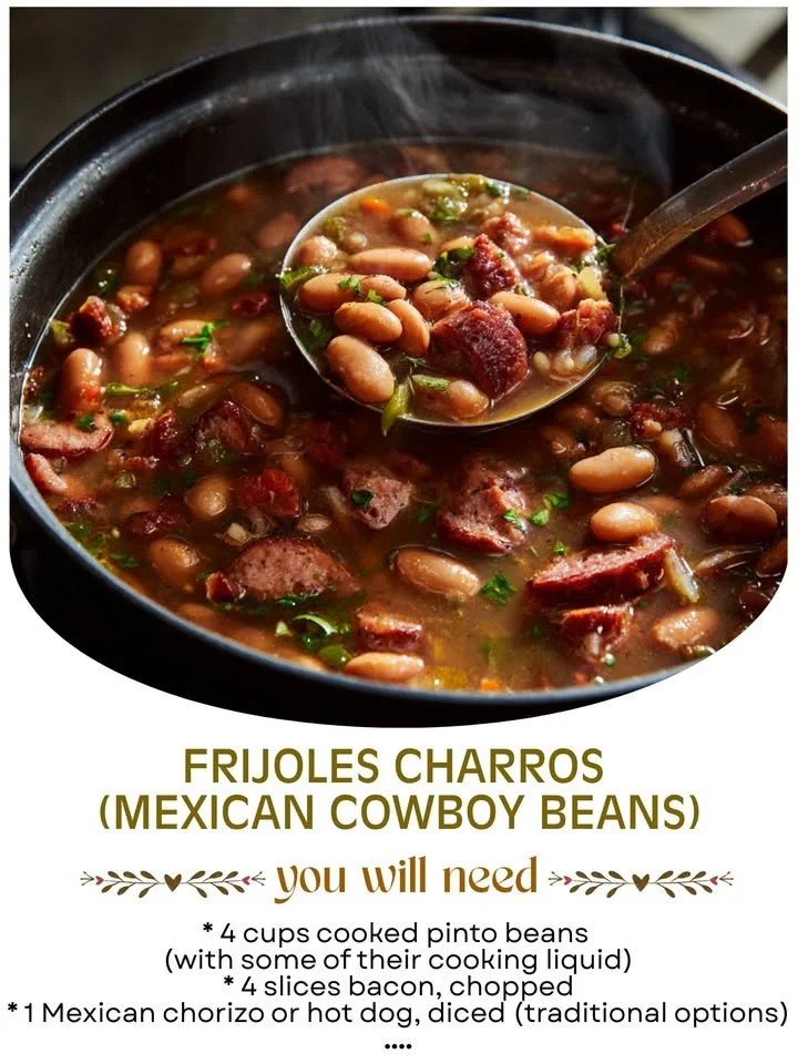 A bowl of traditional Charro Beans garnished with cilantro and lime