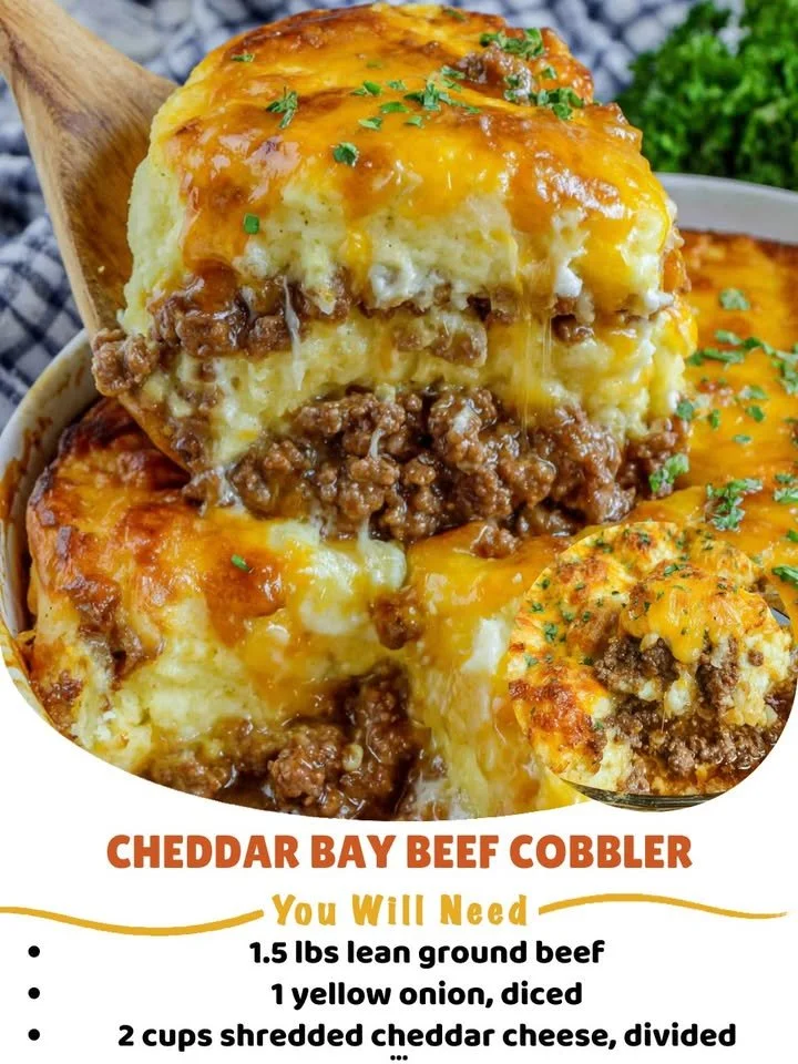 Cheddar Bay Beef Cobbler with a cheesy biscuit topping and tender beef filling