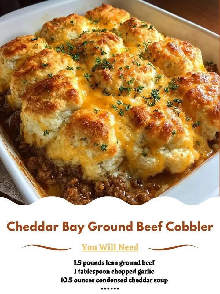 Cheddar Bay Ground Beef Cobbler served in a baking dish