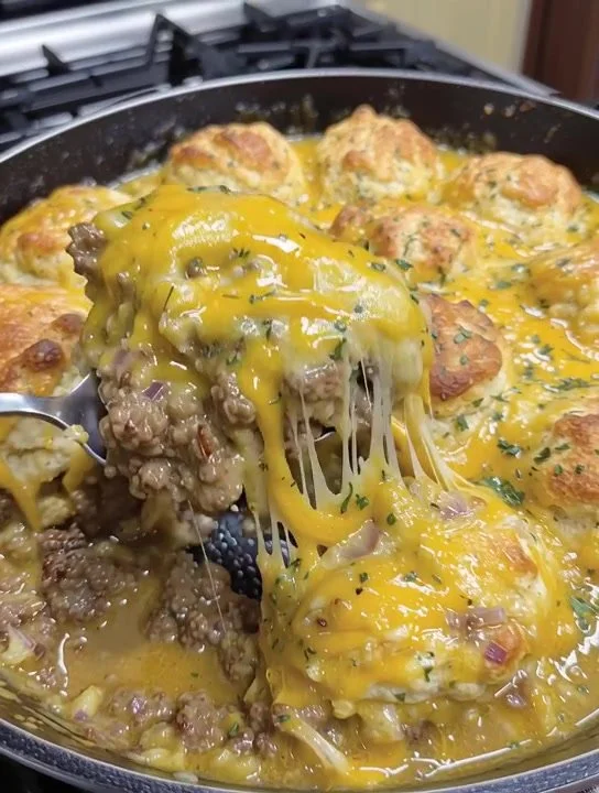 Cheddar Bay Hamburger Casserole topped with cheese and herbs in a baking dish