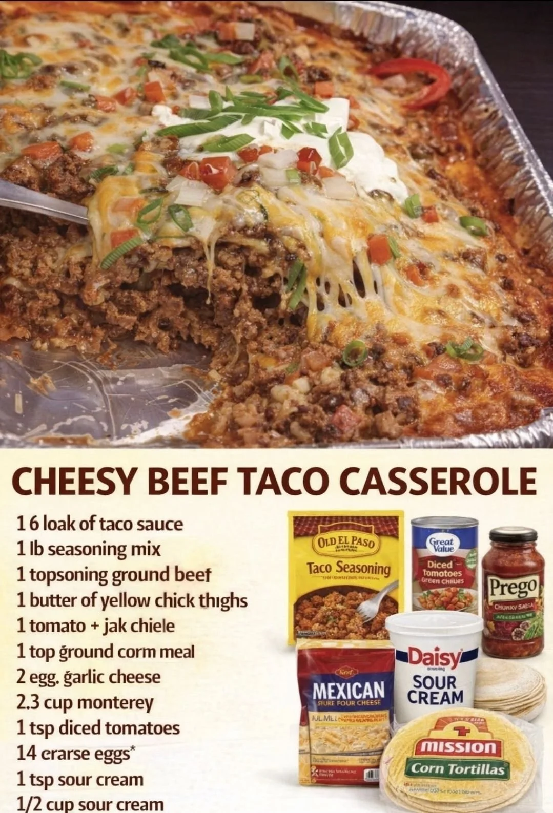 Cheese Beef Taco Casserole served in a baking dish with toppings
