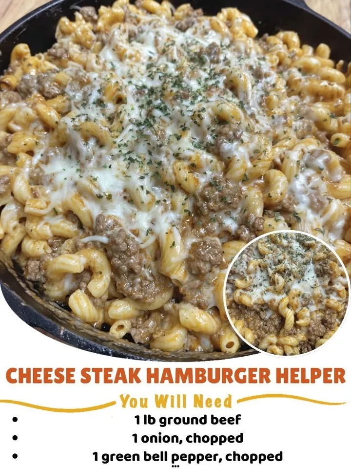 Cheese Steak Hamburger Helper dish with melted cheese and steak strips