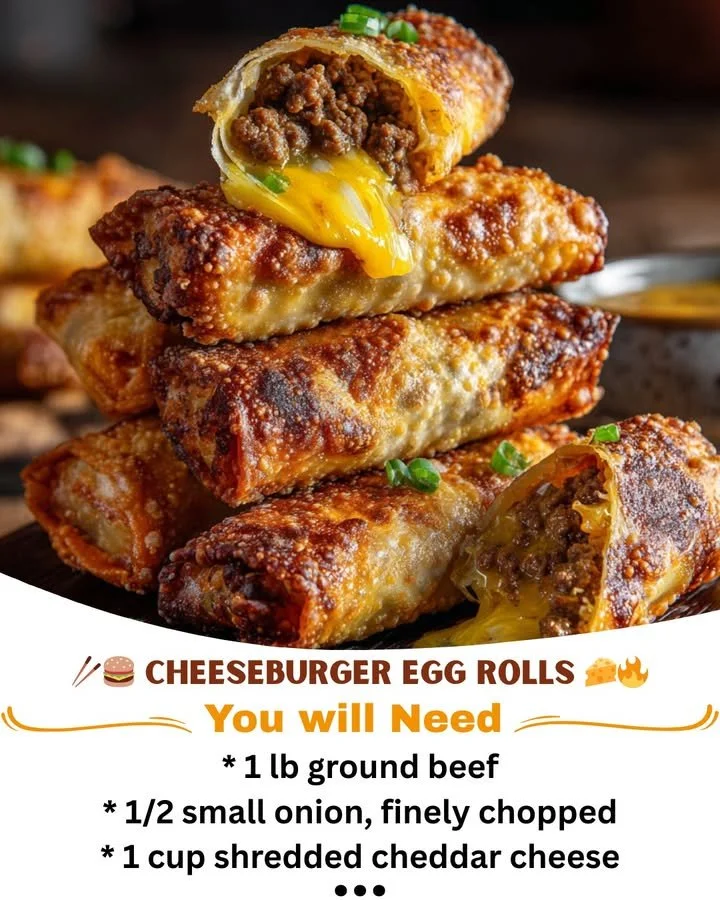 Cheeseburger egg rolls filled with beef, cheese, and pickles, served with dipping sauce.
