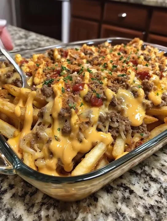 Cheeseburger French Fry Casserole in a baking dish with toppings