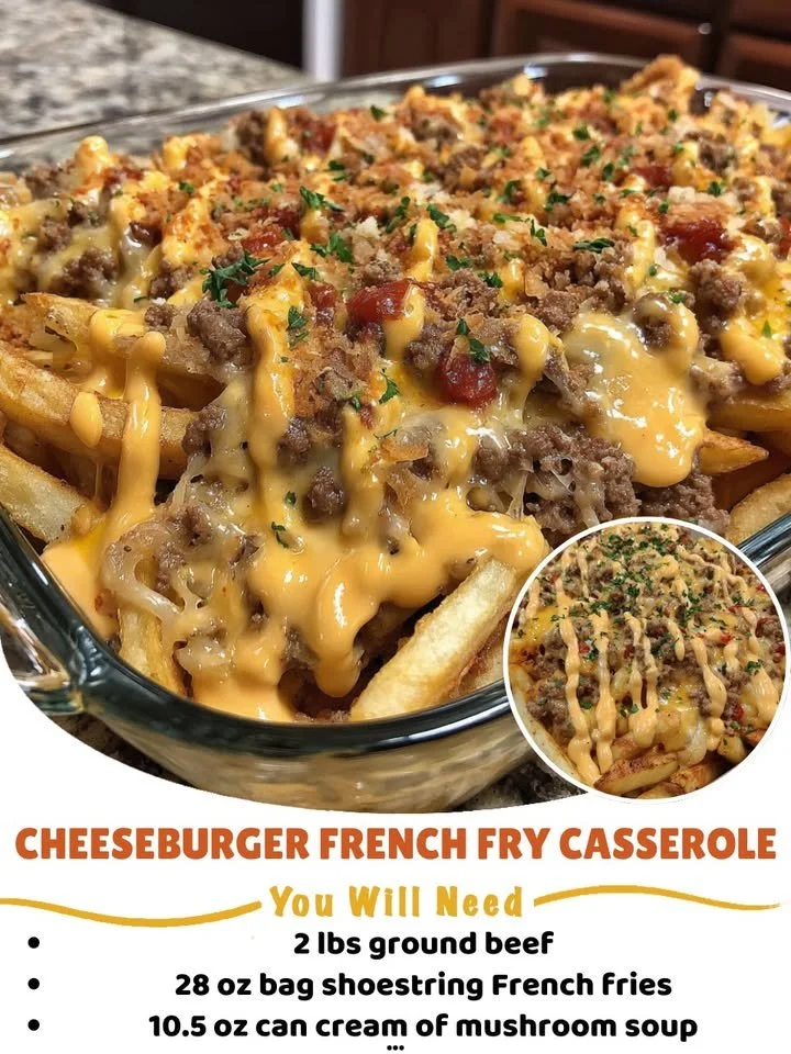 Delicious cheeseburger casserole topped with crispy French fries