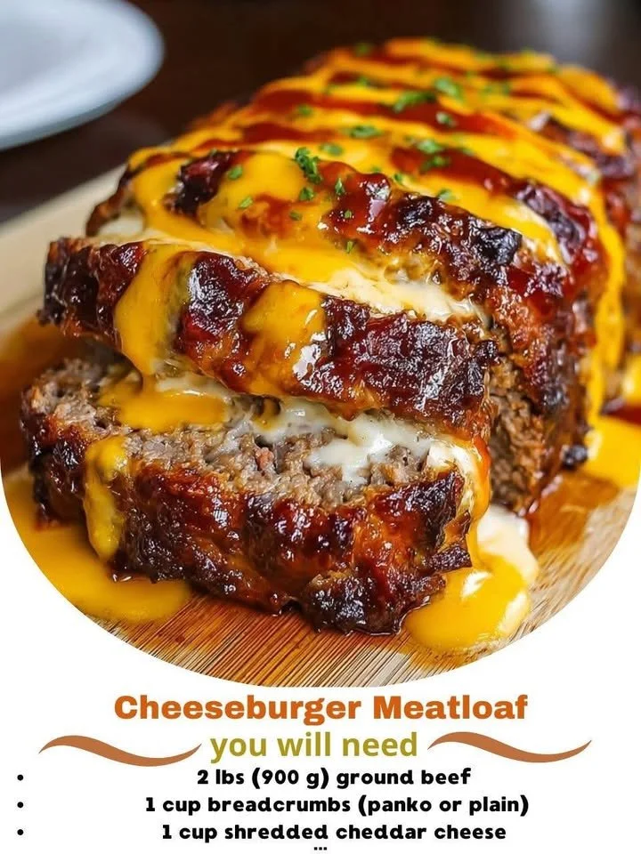 Delicious cheeseburger meatloaf served with ketchup and cheese topping