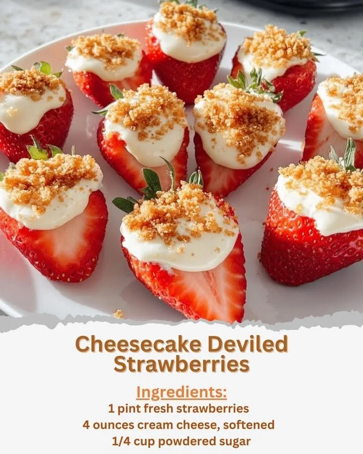 Cheesecake deviled strawberries topped with creamy filling