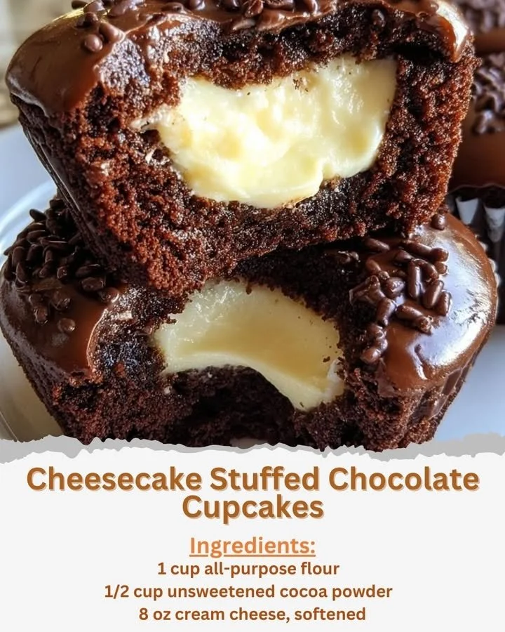 Decadent cheesecake stuffed chocolate cupcakes on a dessert table