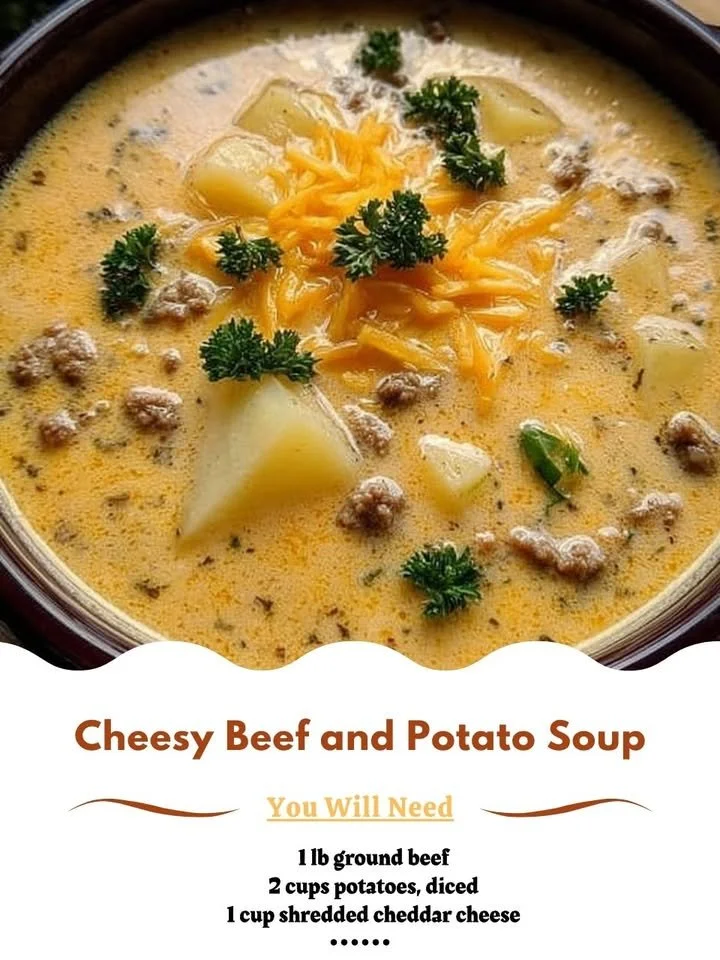Delicious Cheesy Beef and Potato Soup in a bowl, perfect for a warm meal.