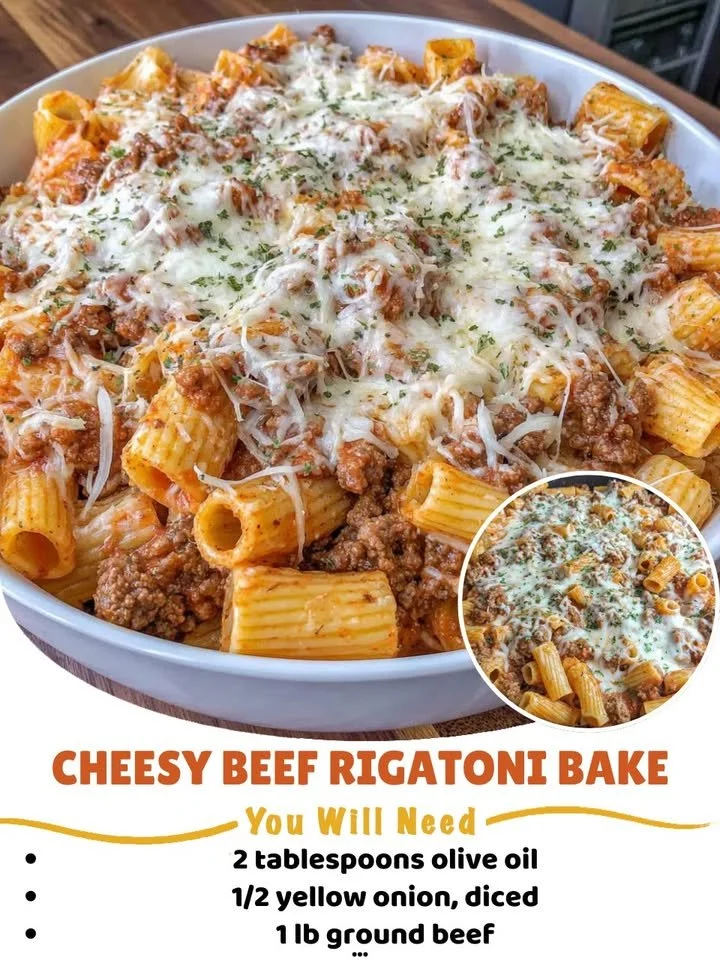 Cheesy Beef Rigatoni Bake topped with melted cheese and herbs in a baking dish.