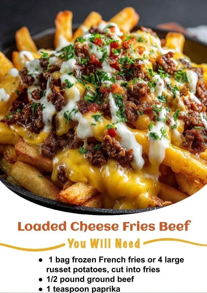 Cheesy Beefy Crispy-Loaded Fries topped with savory ingredients and melted cheese