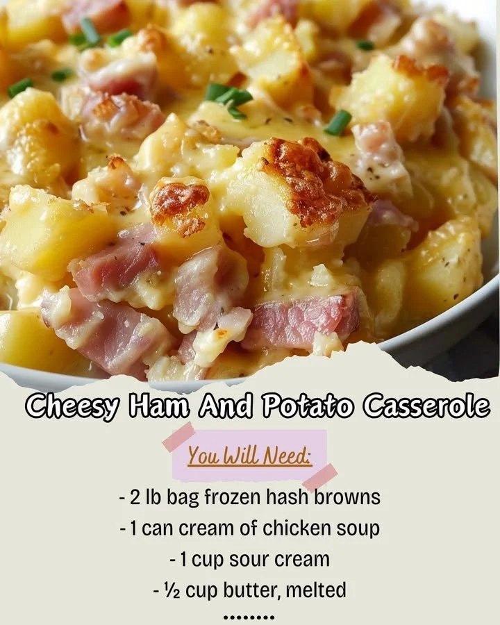 Cheesy ham and potato casserole served in a baking dish