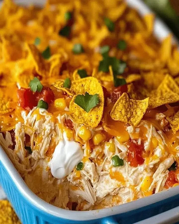 Cheesy Mexican White Trash Casserole served in a colorful dish