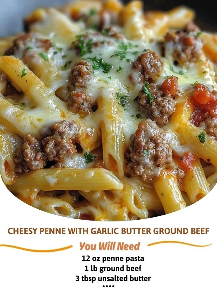 Cheesy Penne with Garlic Butter Ground Beef in a creamy sauce