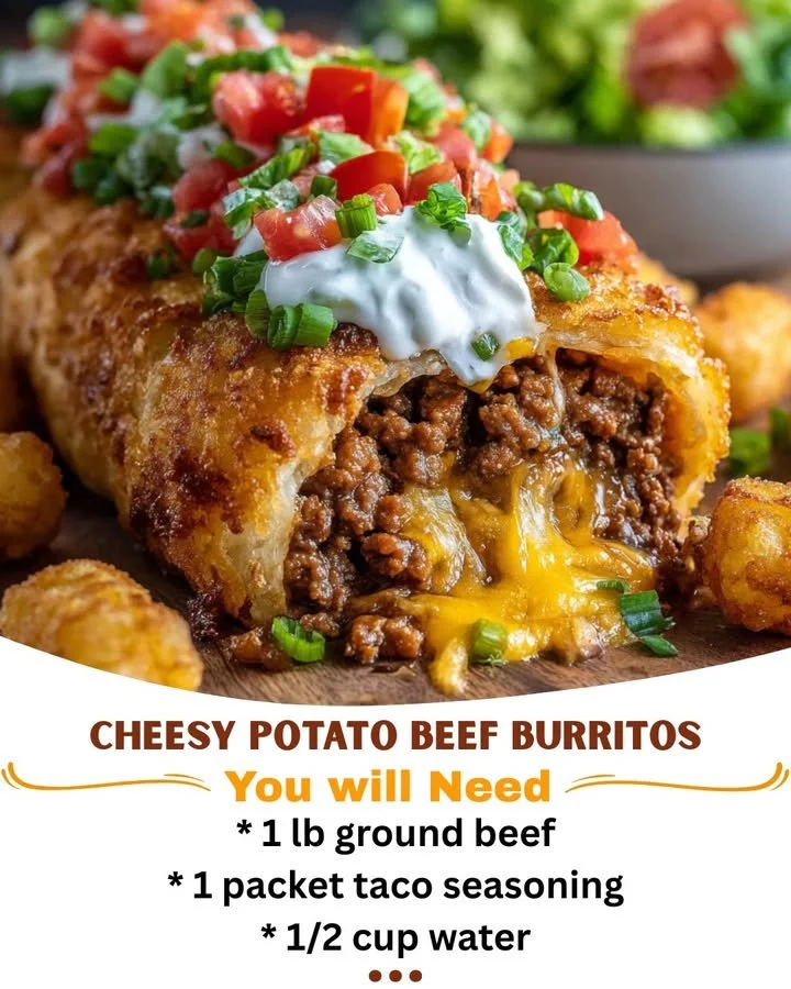 Cheesy potato beef burritos wrapped in a tortilla