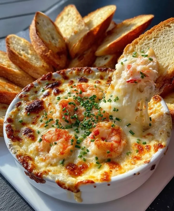 Cheesy shrimp crab dip baked to perfection, served with crispy bread.