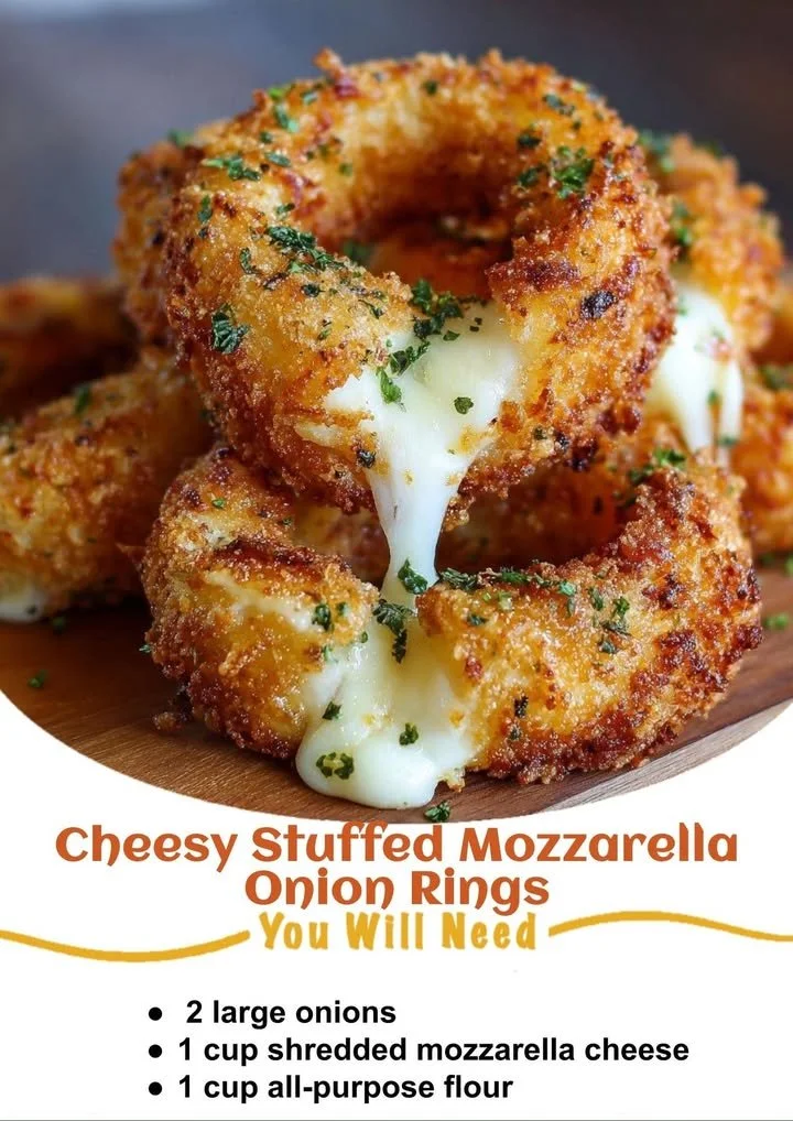 Cheesy stuffed mozzarella onion rings served as a tasty appetizer