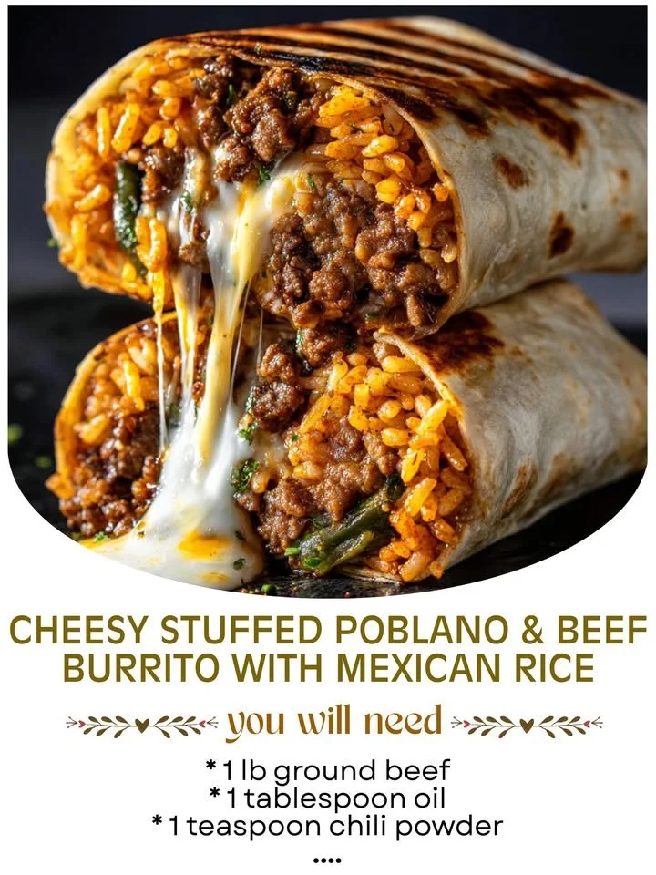 Delicious cheesy stuffed poblano and beef burrito with Mexican rice