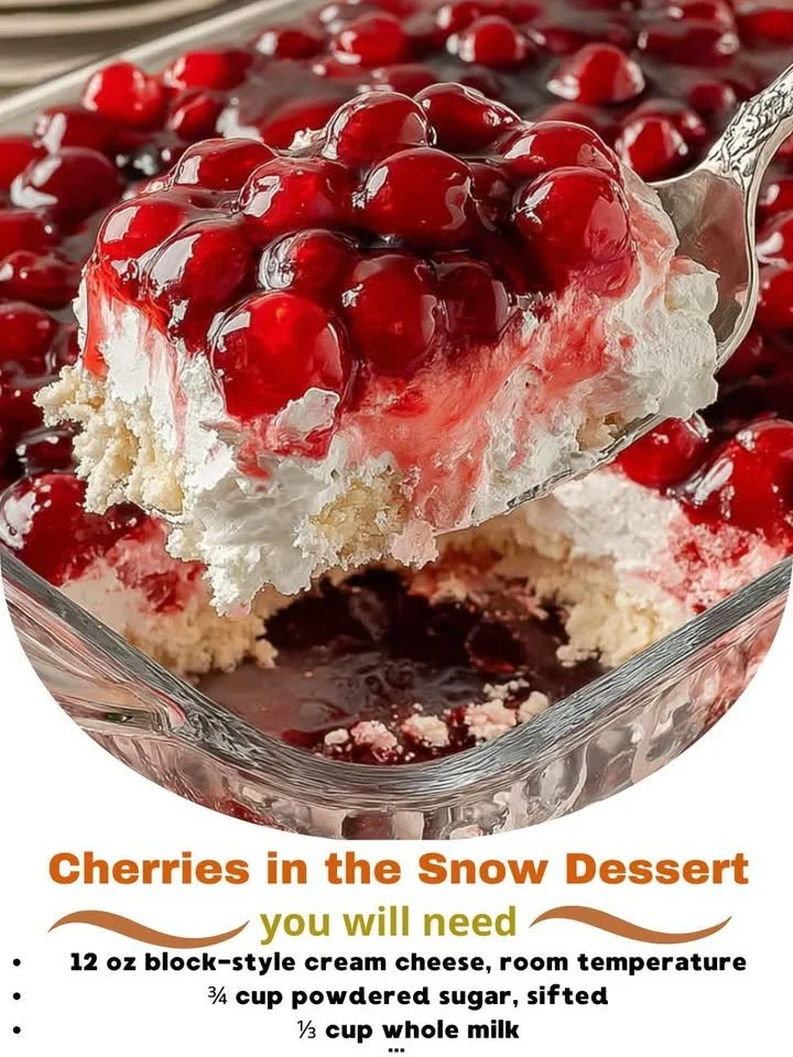 Cherries in the Snow dessert featuring creamy layers and sweet cherries