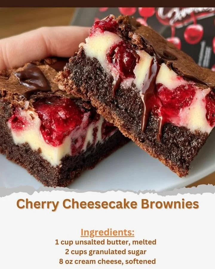 Delicious cherry cheesecake brownies topped with fresh cherries and cream cheese swirl