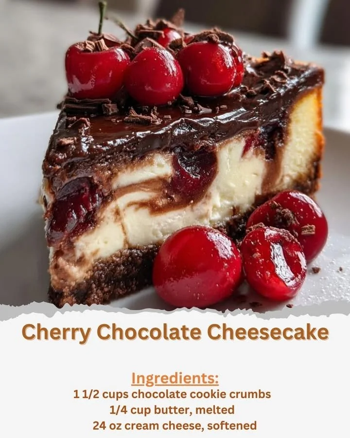 Delicious Cherry Chocolate Cheesecake topped with cherries and chocolate shavings