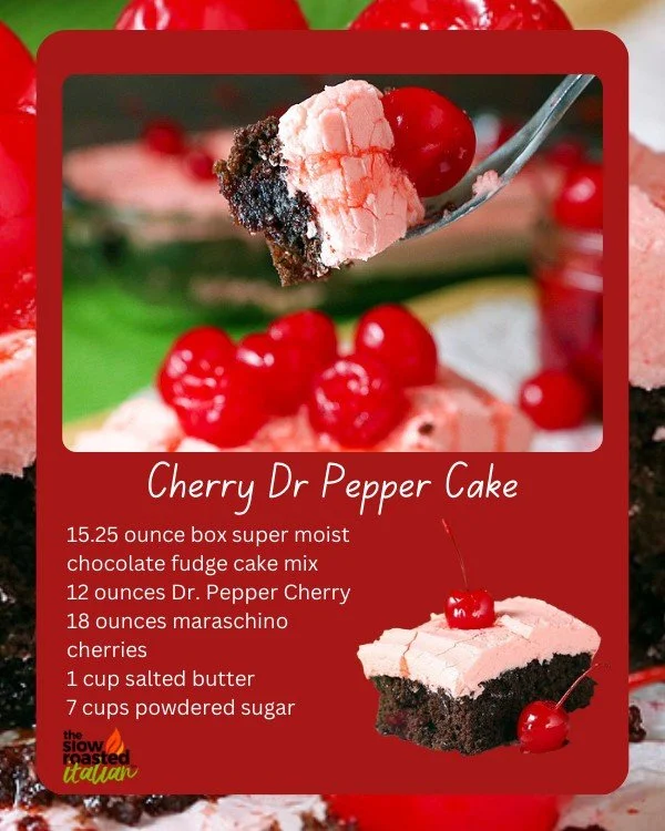 Delicious Cherry Dr Pepper Cake topped with cherries and frosting.