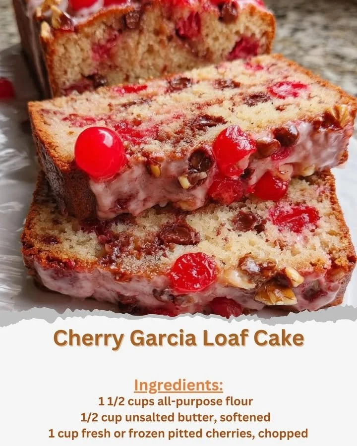 Slice of Cherry Garcia loaf cake with cherries and chocolate chunks