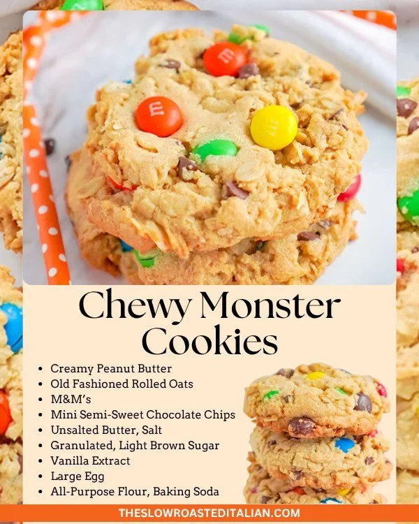 Chewy Monster Cookies with oats, chocolate chips, and M&Ms on a plate.