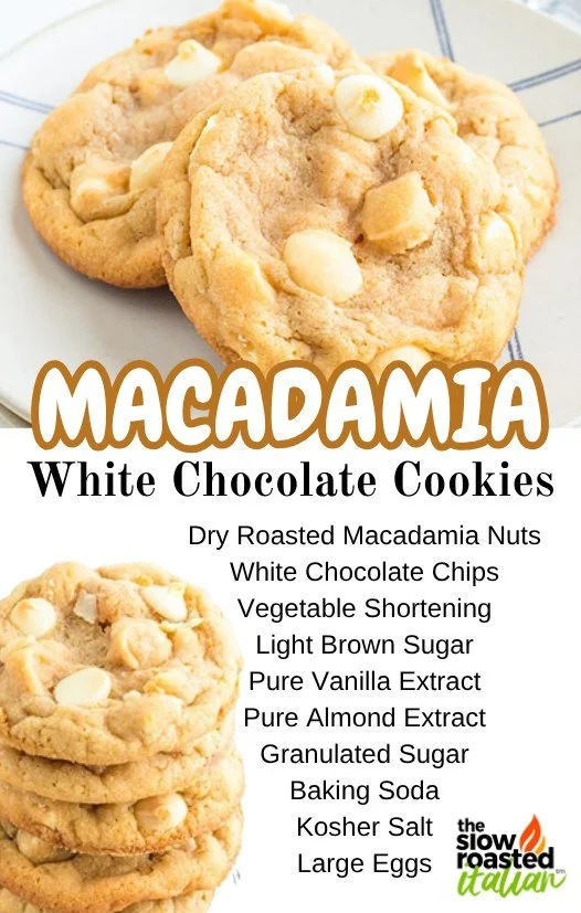 Batch of chewy white chocolate macadamia nut cookies on a baking tray