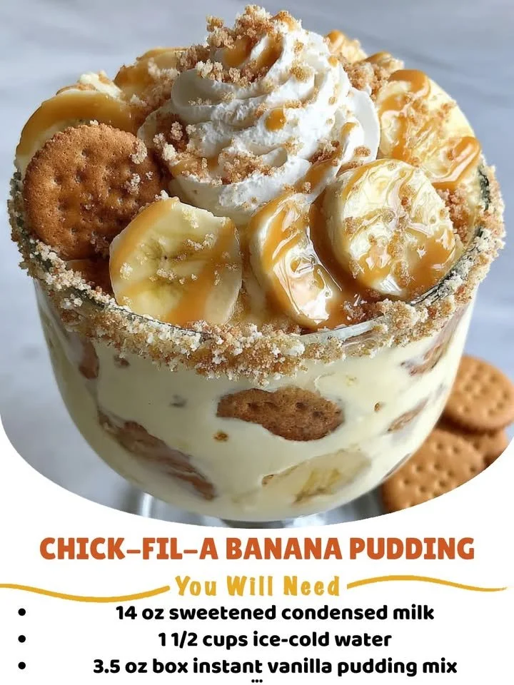 Delicious Chick-fil-A banana pudding served in a bowl with whipped cream.