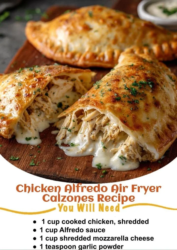 Delicious Chicken Alfredo Air Fryer Calzones served with a side of marinara sauce