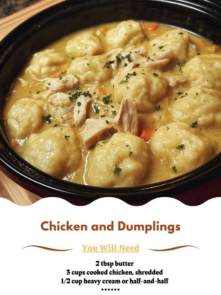Delicious bowl of Chicken and Dumplings with tender chicken and fluffy dumplings