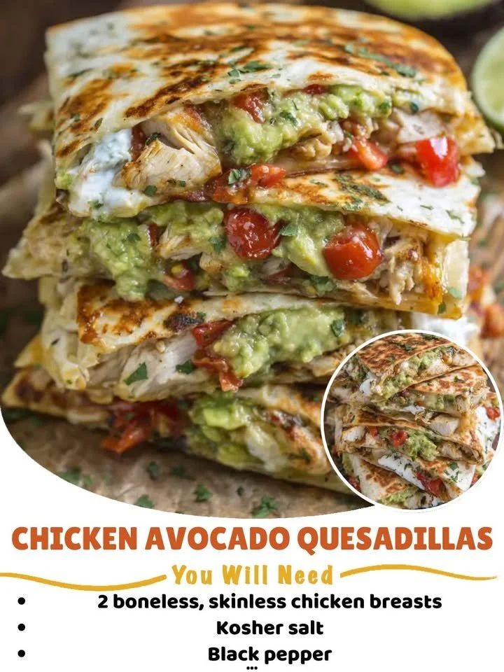 Delicious chicken avocado quesadillas served with salsa and guacamole
