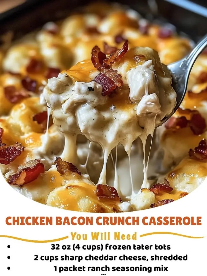 Delicious Chicken Bacon Crunch Casserole topped with crispy bacon and crunchy breadcrumbs.