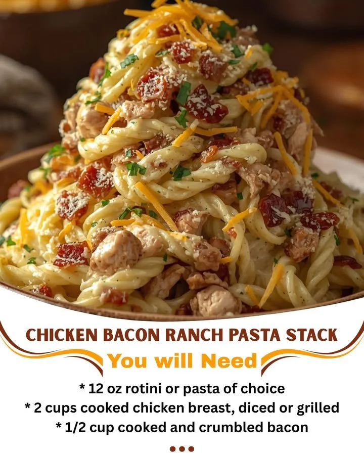 Creamy Chicken Bacon Ranch Pasta Stack garnished with parsley