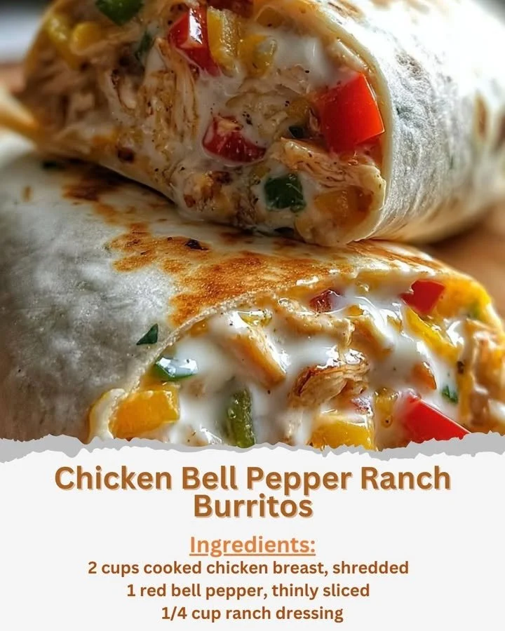 Chicken burritos with bell peppers and ranch dressing on a plate