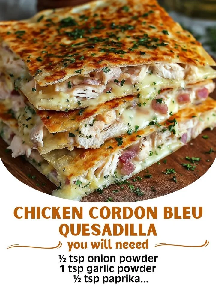 Succulent Chicken Cordon Bleu Quesadilla with melted cheese and savory ham.
