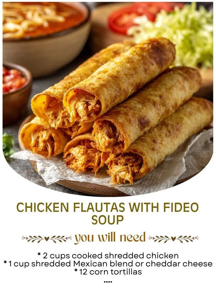 Plate of Chicken Flautas with a side of Fideo Soup, garnished and ready to serve.