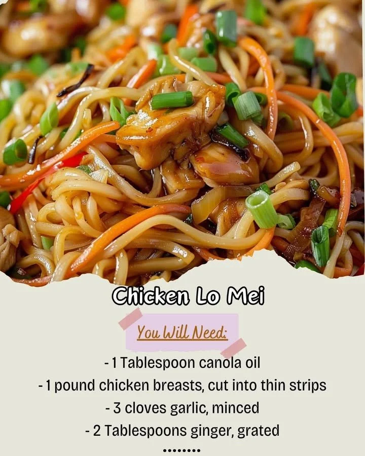 Plate of Chicken Lo Mein with fresh vegetables and chicken stir-fried noodles