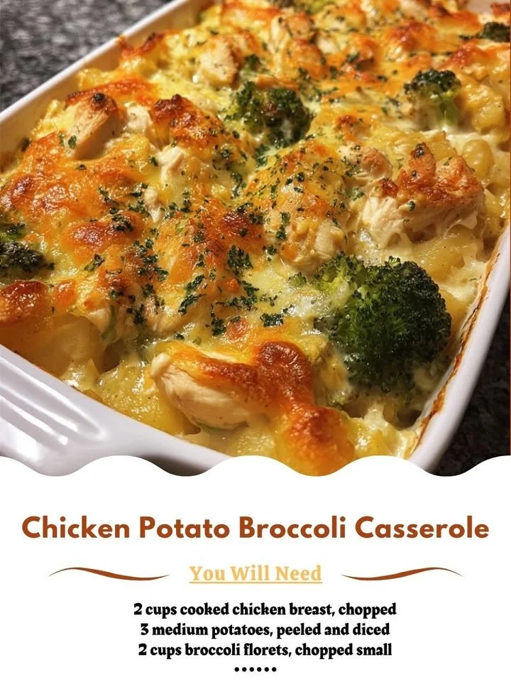 Delicious Chicken Potato Broccoli Casserole served in a baking dish
