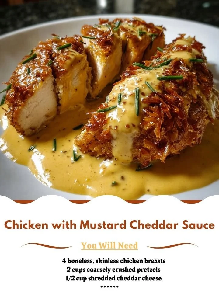Chicken with mustard cheddar sauce served on a plate