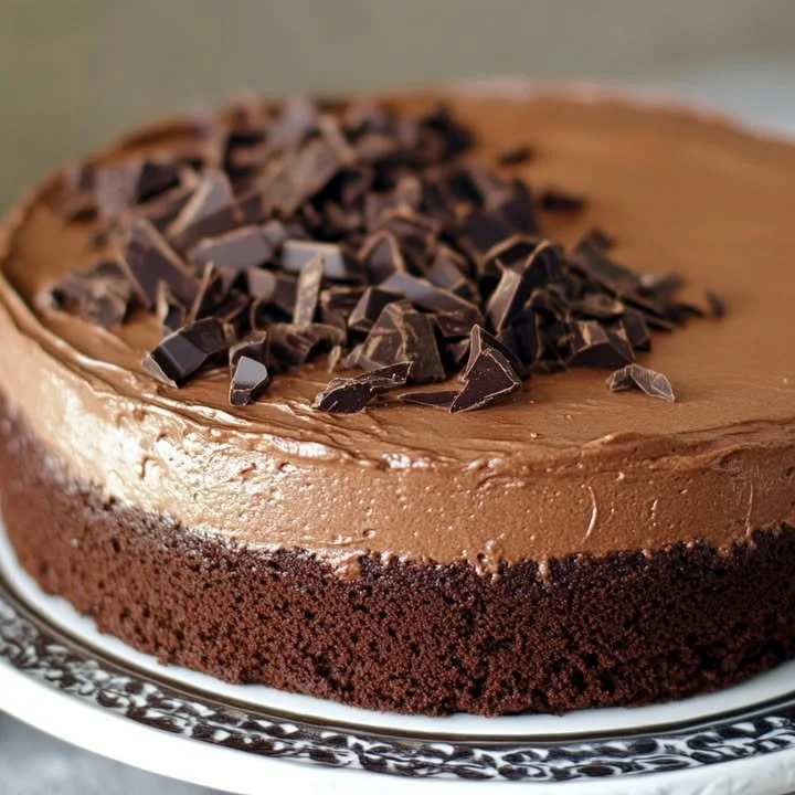 Decadent chocolate brownie mousse cake topped with chocolate shavings.