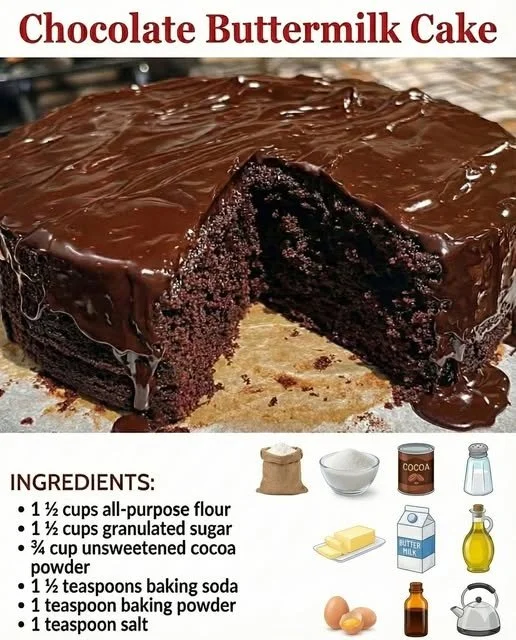 Deliciously moist Chocolate Buttermilk Cake served on a platter.