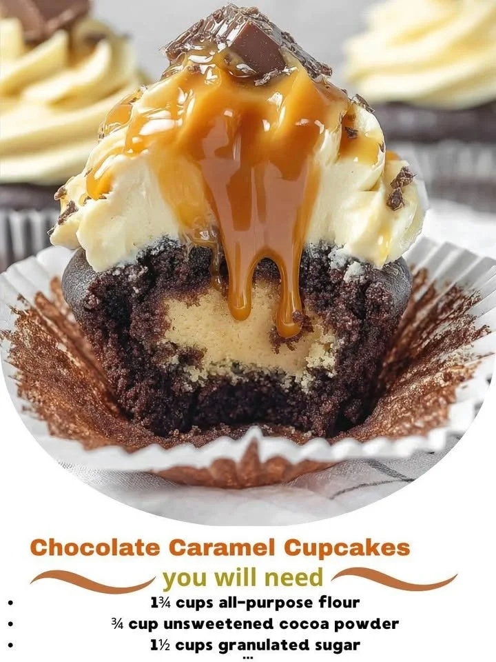 Delicious chocolate caramel cupcakes topped with rich caramel drizzle