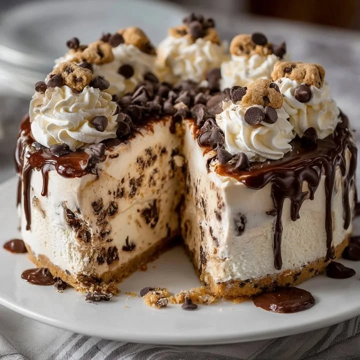 Slice of chocolate chip cookie dough ice cream cake with chocolate drizzle