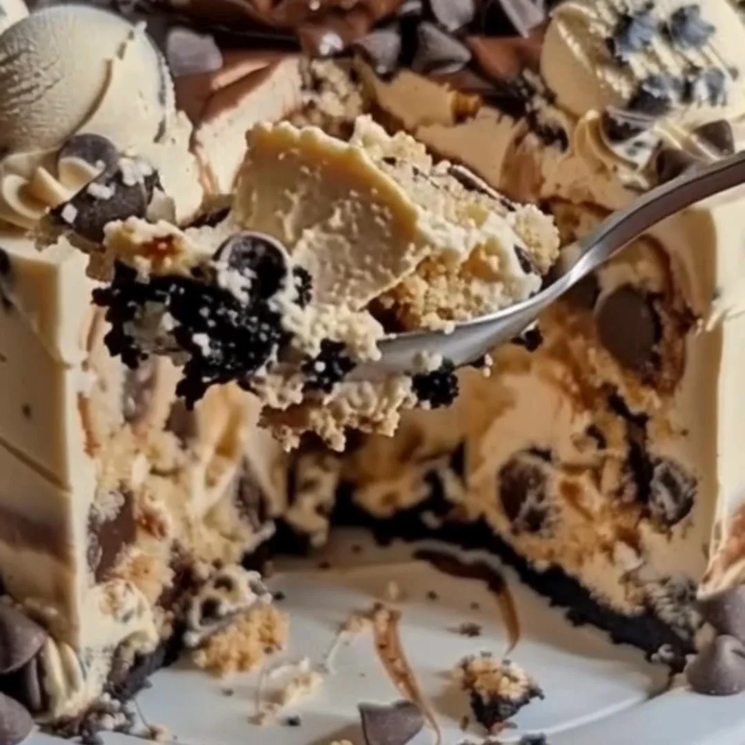 Chocolate Chip Cookie Dough Ice Cream Cake with creamy layers and cookie dough